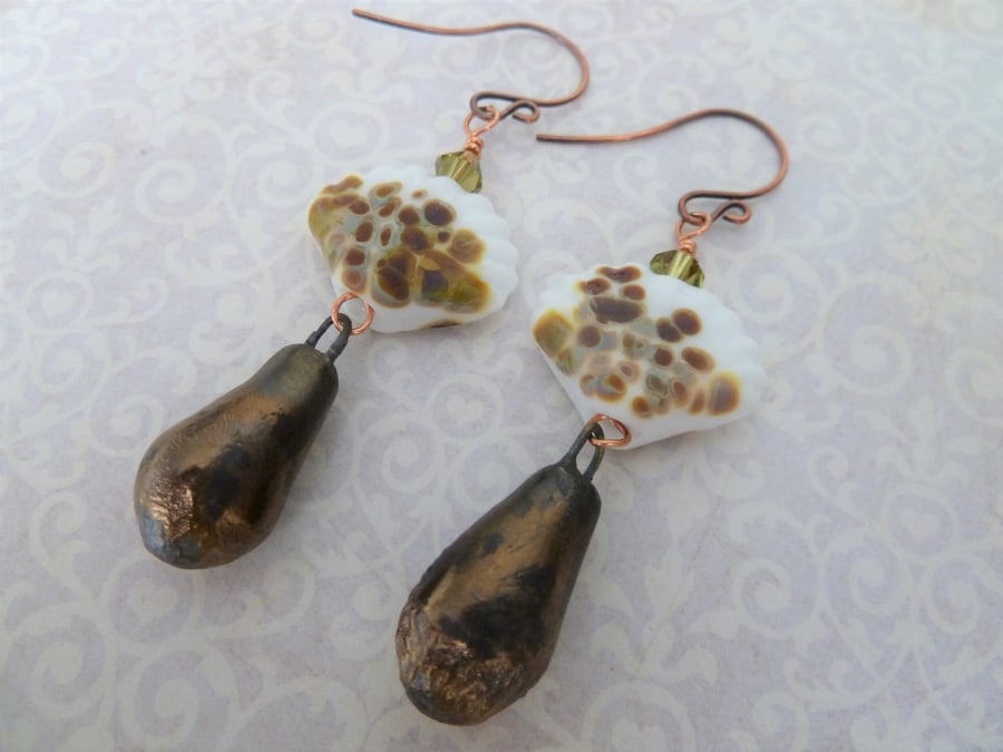 lampwork glass shell earrings, copper and ceramic jewellery