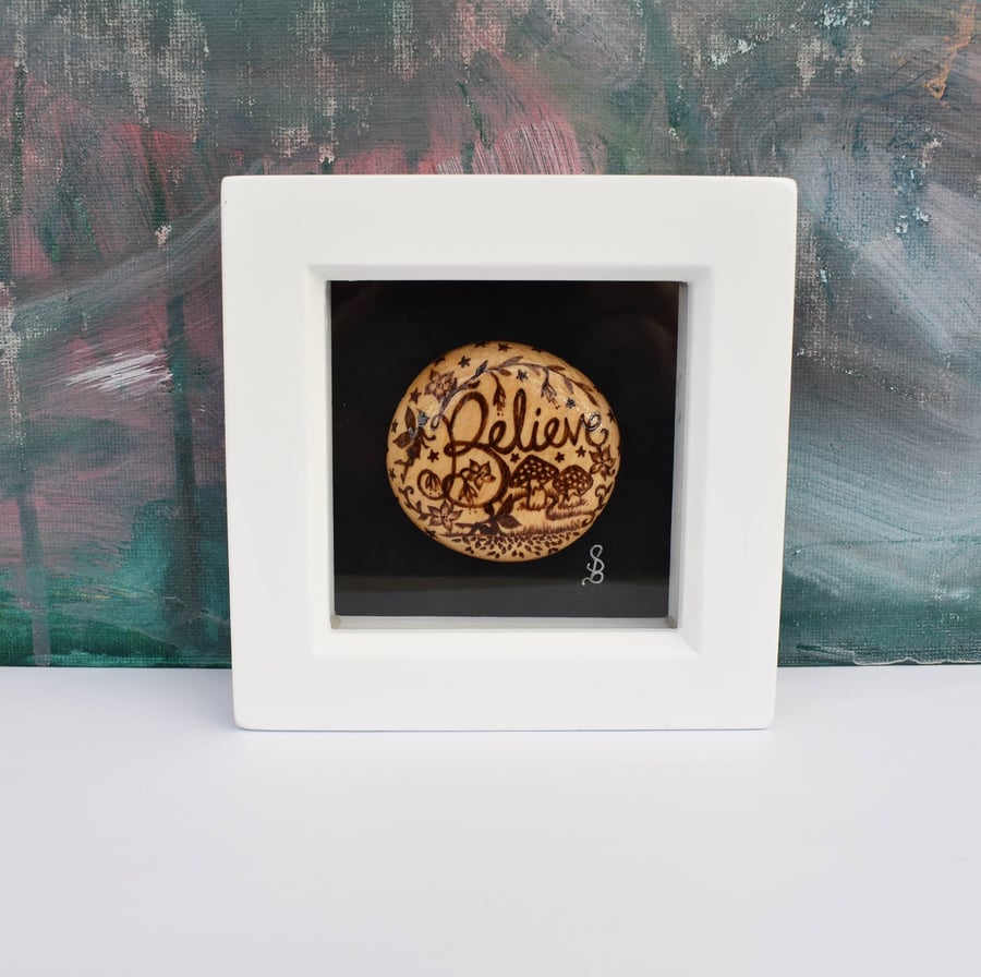 Believe. Fairies wooden pyrography miniature art box frame. Wood pebble.