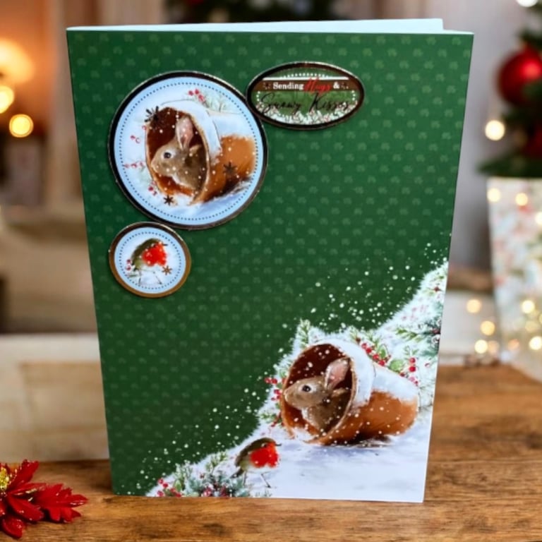 Christmas Card. Woodland Bunny and Robin Christmas Card.
