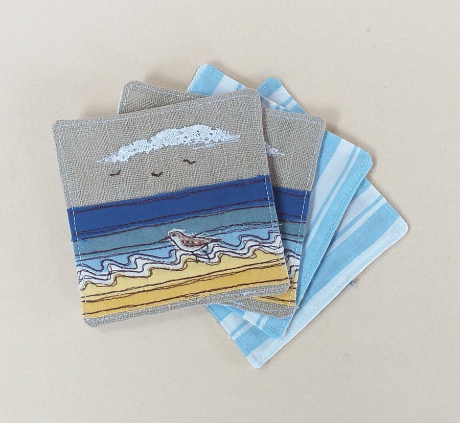 Fabric Coasters with Embroidered Seascape, Set of 4
