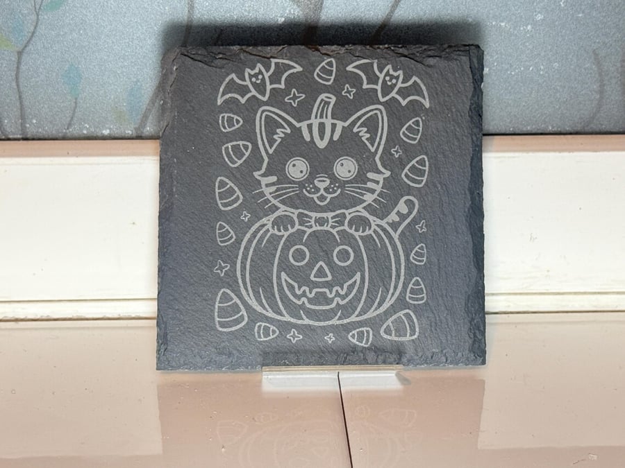 Spooky Cat Halloween Laser Etched Coaster