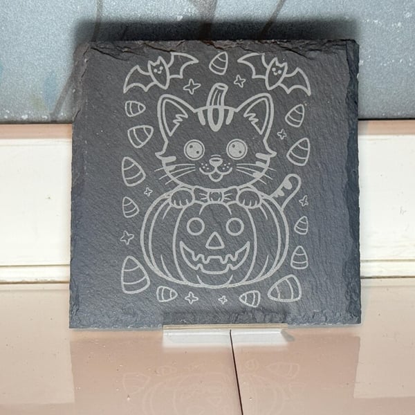 Spooky Cat Halloween Laser Etched Coaster