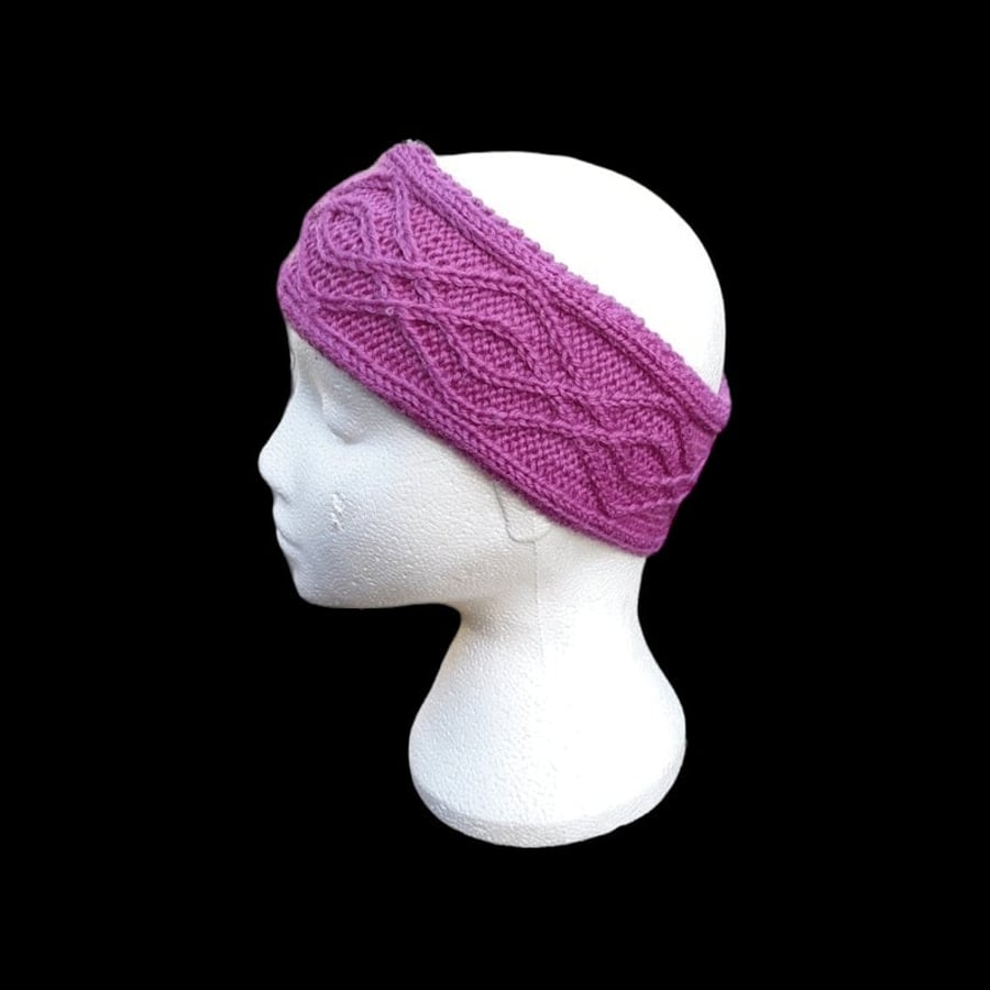 Hand knitted ladies cerise pink headband ear warmer with double diamond pattern 