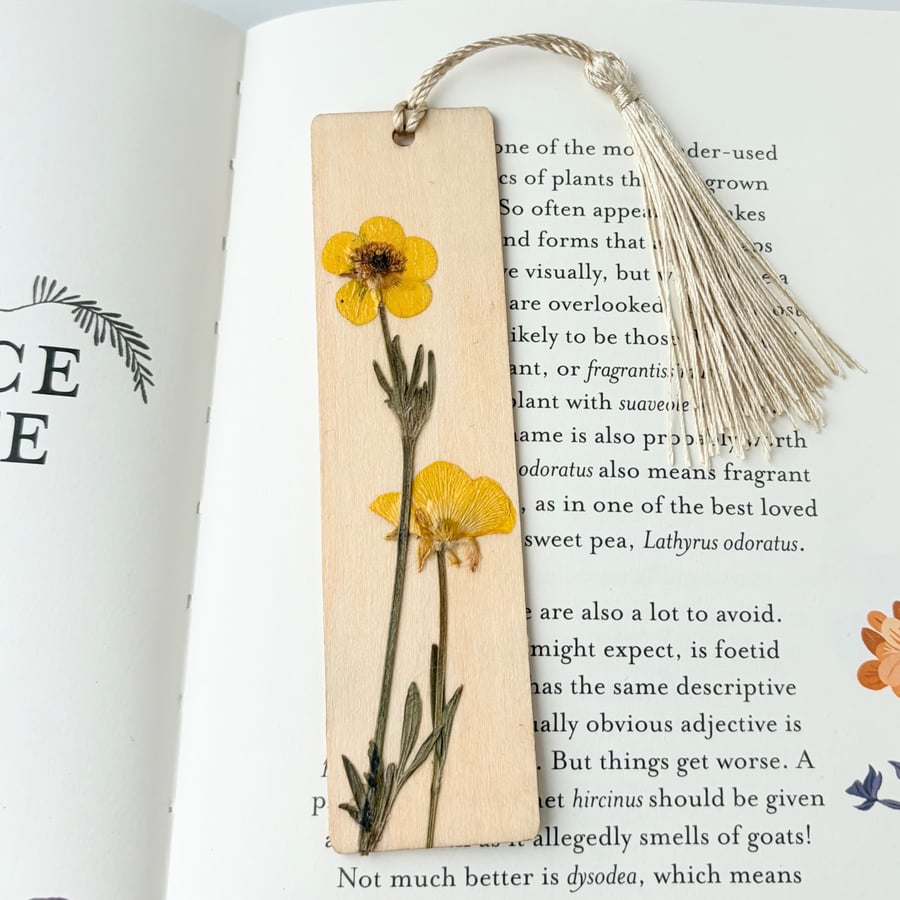 Pressed Flower Wooden Bookmark, Buttercup
