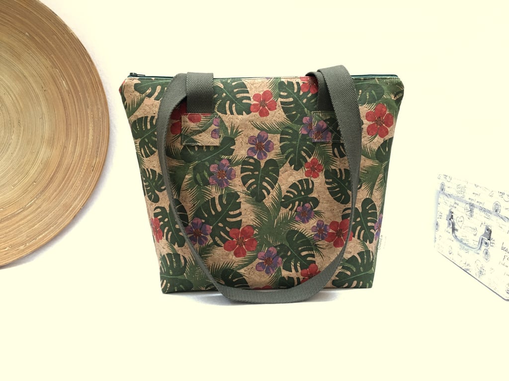 cork shoulder bag, cork leather handbag, long handled tote bag.