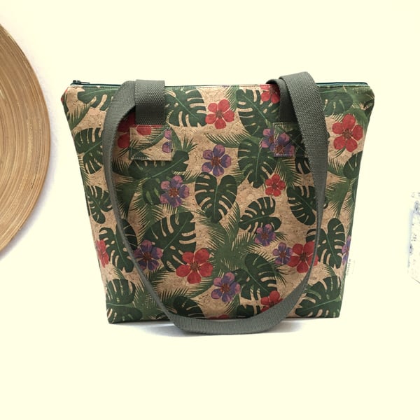 cork shoulder bag, cork leather handbag, long handled tote bag.