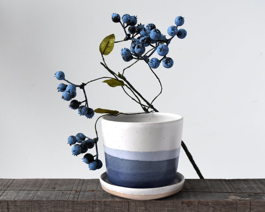 Handmade ceramic planter with matching saucer - blue and white pottery