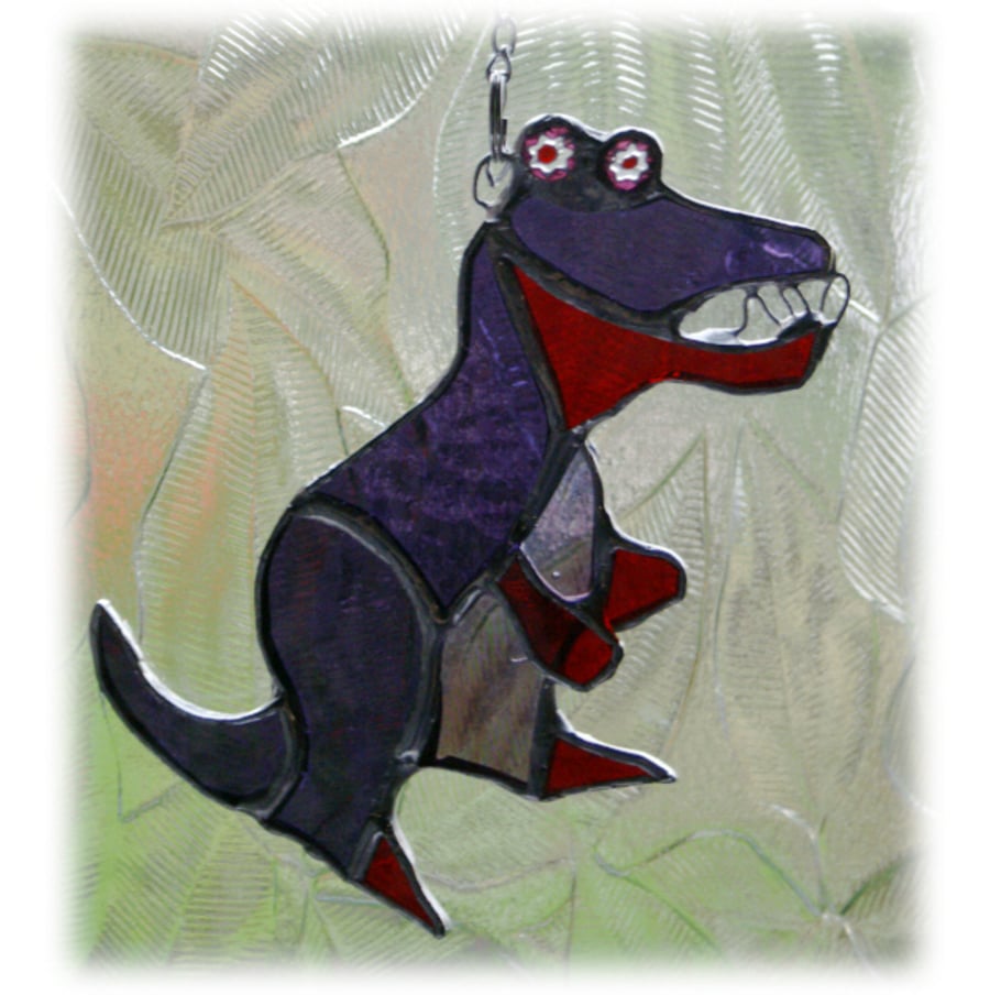 Dinosaur T Rex Suncatcher Purple Stained Glass Handmade 