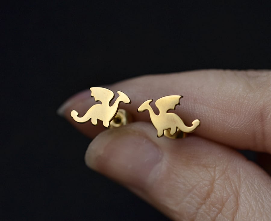 Minimal 18k gold plated dragon studs, serpentine, legendary creature earrings