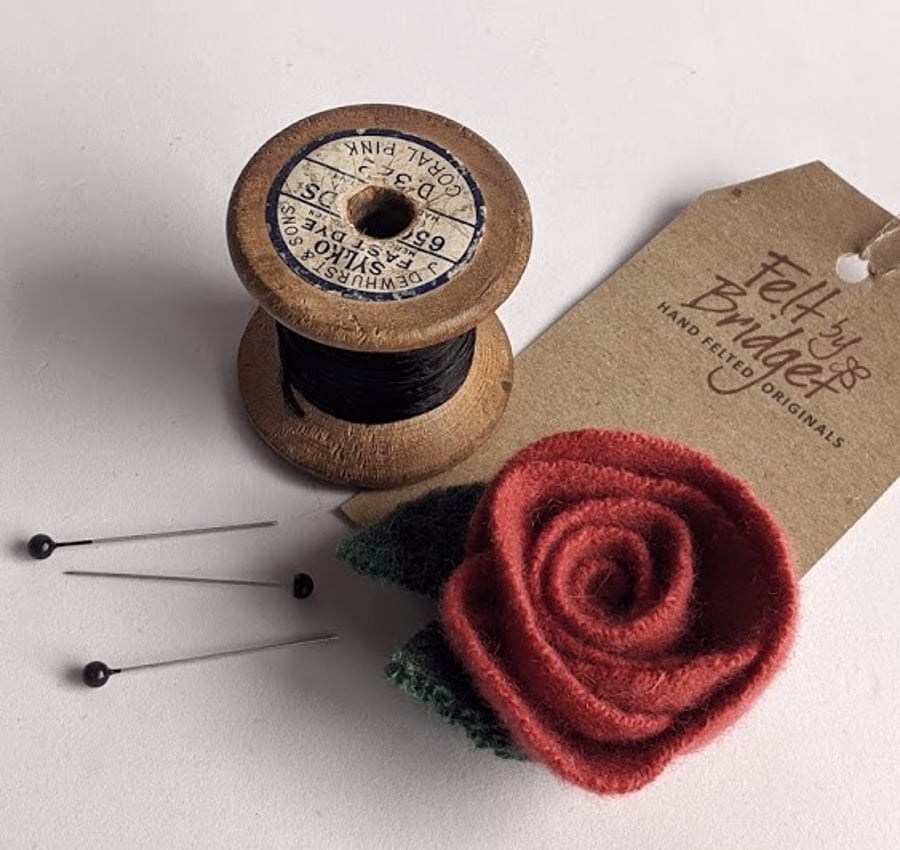 Coral coloured rose brooch: upcycled wool felt