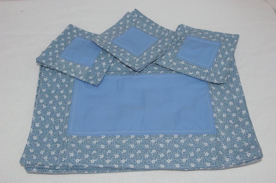 Place Mats and Coasters in Patchwork Blues and White Set of Six