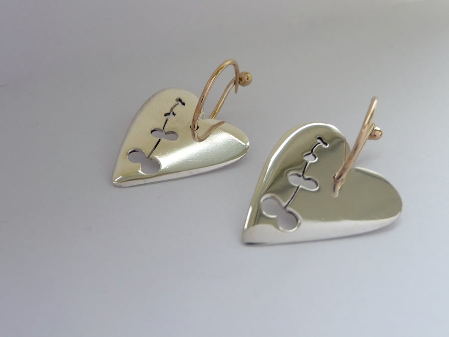 Love Heart Earrings; Sterling Silver with 9 carat Gold oval shaped ear hoop