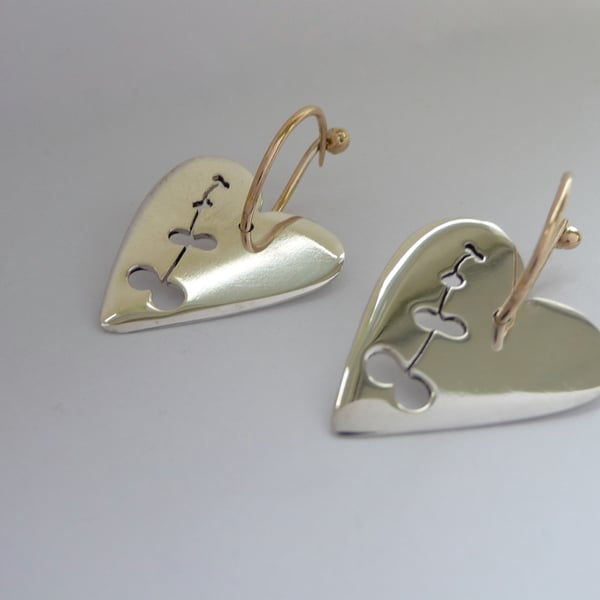 Love Heart Earrings; Sterling Silver with 9 carat Gold oval shaped ear hoop