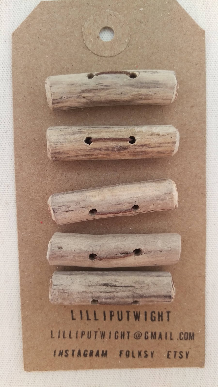 5 driftwood buttons, beachcombed toggle buttons