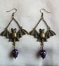 Spooky Antique Bronze Bat Earrings with Purple Skulls. - Image 2