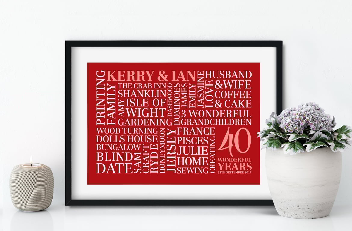 Personalised Ruby Anniversary Word Art - 40 Years - AN402
