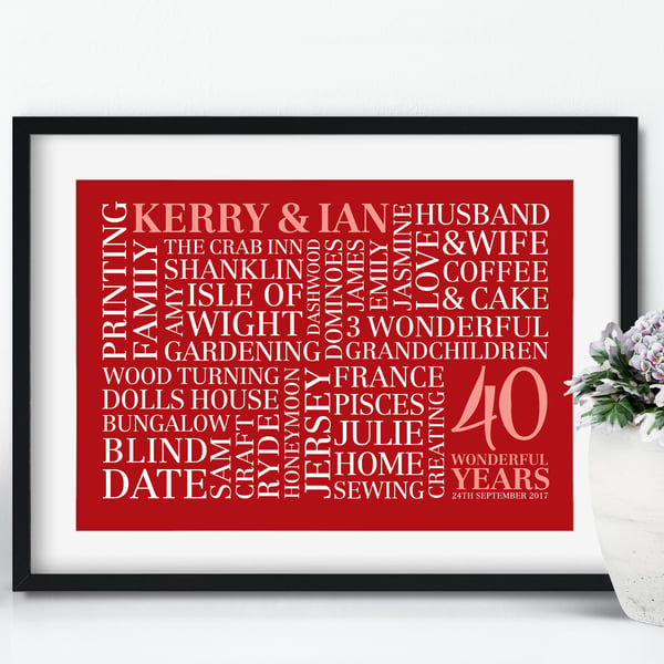 Personalised Ruby Anniversary Word Art - 40 Years - AN402