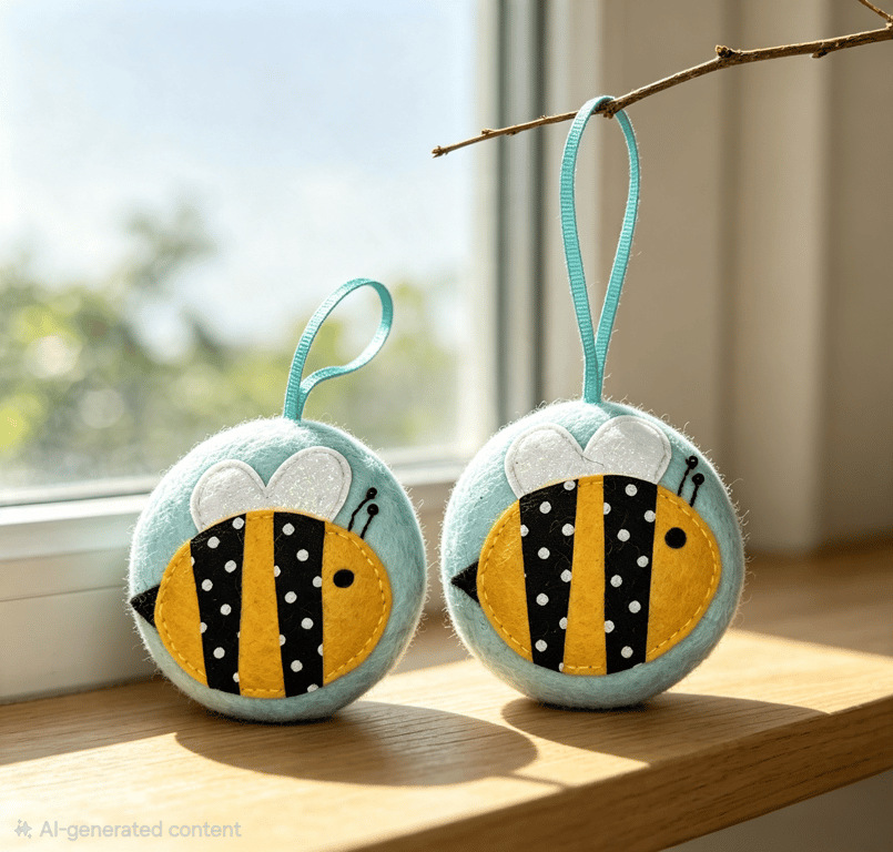 Whimsical Bee Felt Ornaments.  Handmade Hanging Decorations Spring Summer