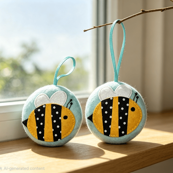 Whimsical Bee Felt Ornaments.  Handmade Hanging Decorations Spring Summer