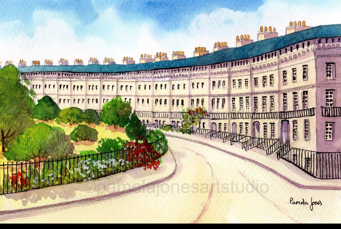 Royal Crescent, Bath, England, Watercolour Print, in 14 x 11'' Mount, Gift idea
