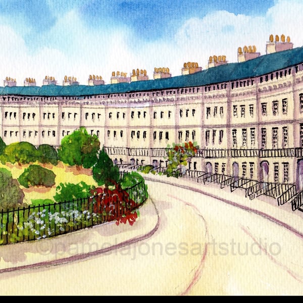 Royal Crescent, Bath, England, Watercolour Print, in 14 x 11'' Mount, Gift idea