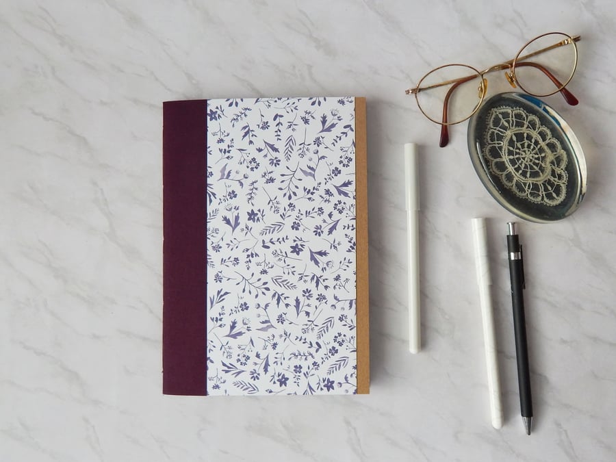 Pretty A5 Notebook Lined white pages.  Replacement notebook. Purple Floral. 