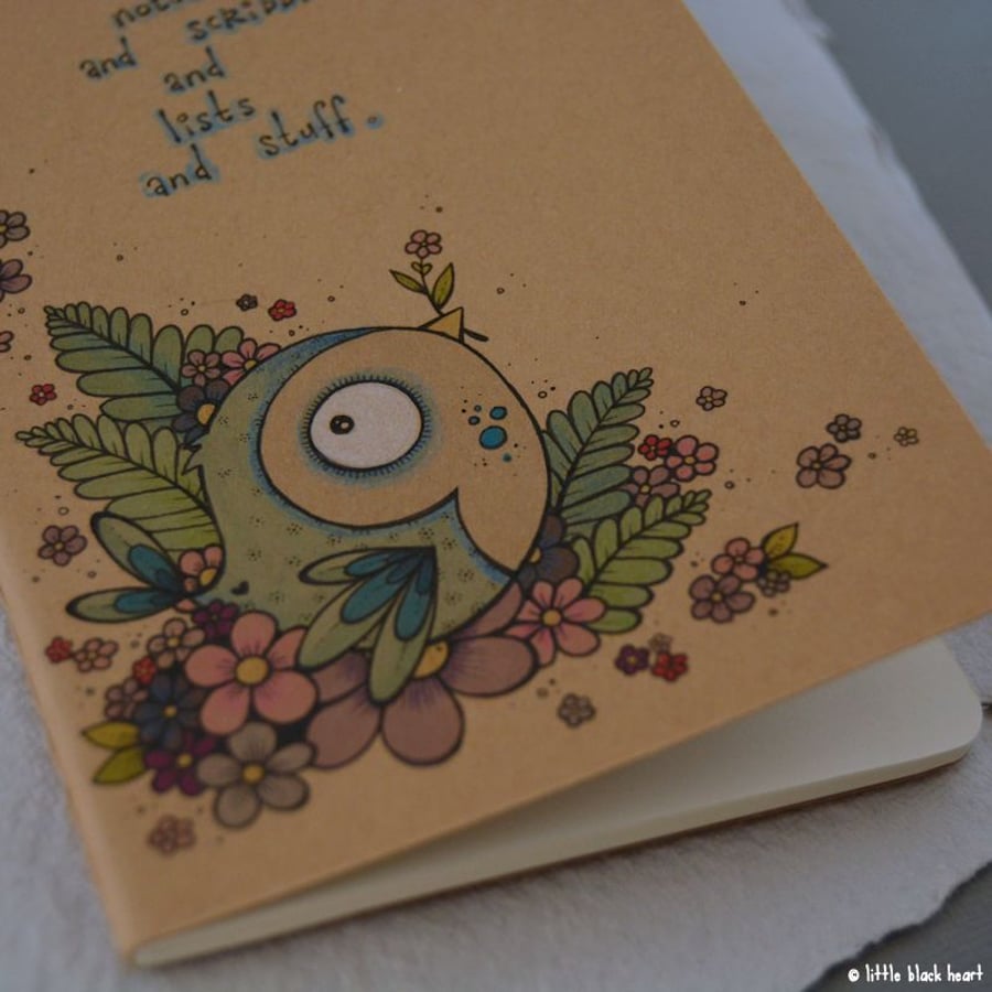 pocket notebook with original illustration - blue fernbird