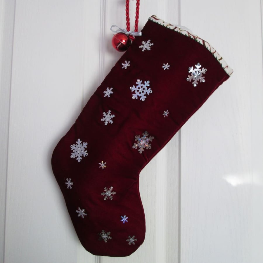 SOLD - 'Snowfall' Luxury Red Velvet Stocking with Snowflake Sequins