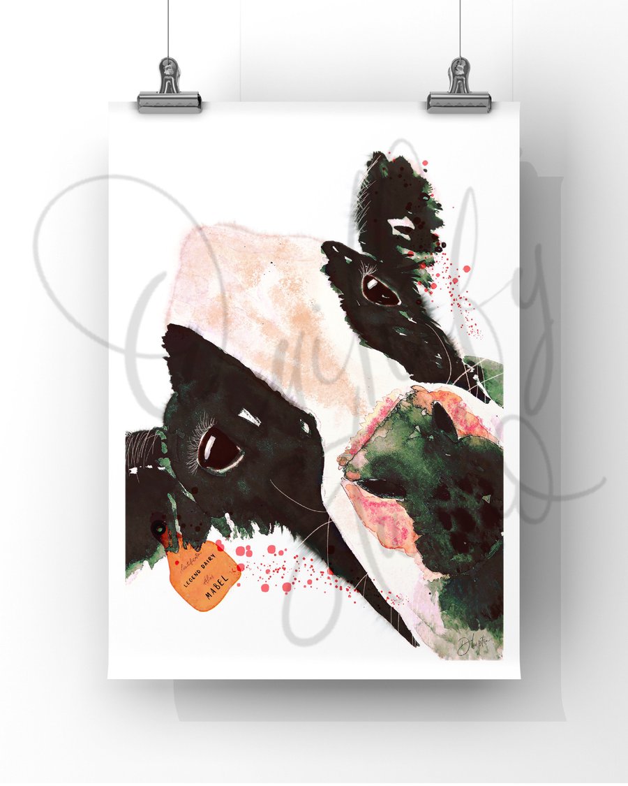 Watercolour Hand Finished A4 Curious Cow 'Legend Dairy' Custom Name Print