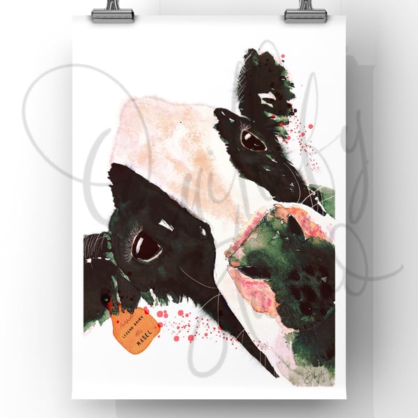 Watercolour Hand Finished A4 Curious Cow 'Legend Dairy' Custom Name Print