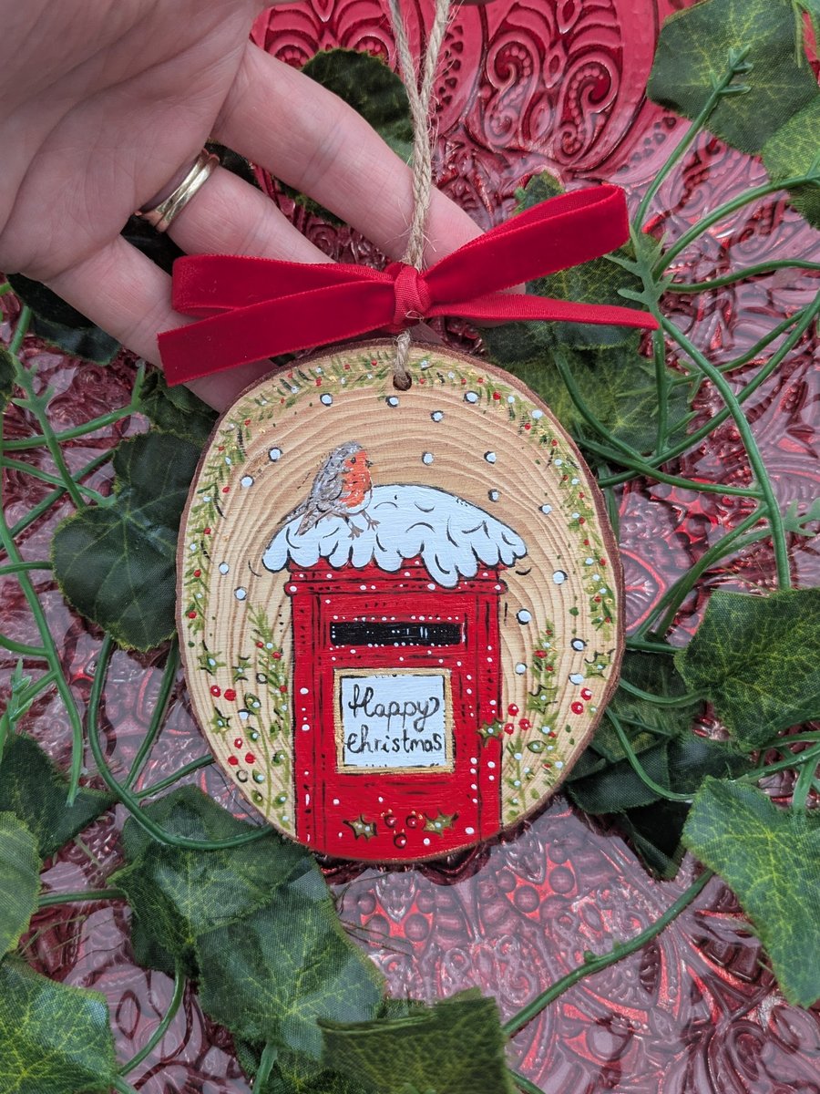Robin and post box hand-painted Christmas decoration