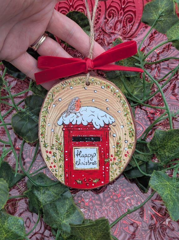 Robin and post box hand-painted Christmas decoration