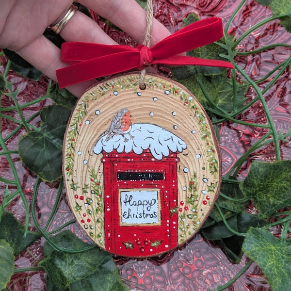 Robin and post box hand-painted Christmas decoration