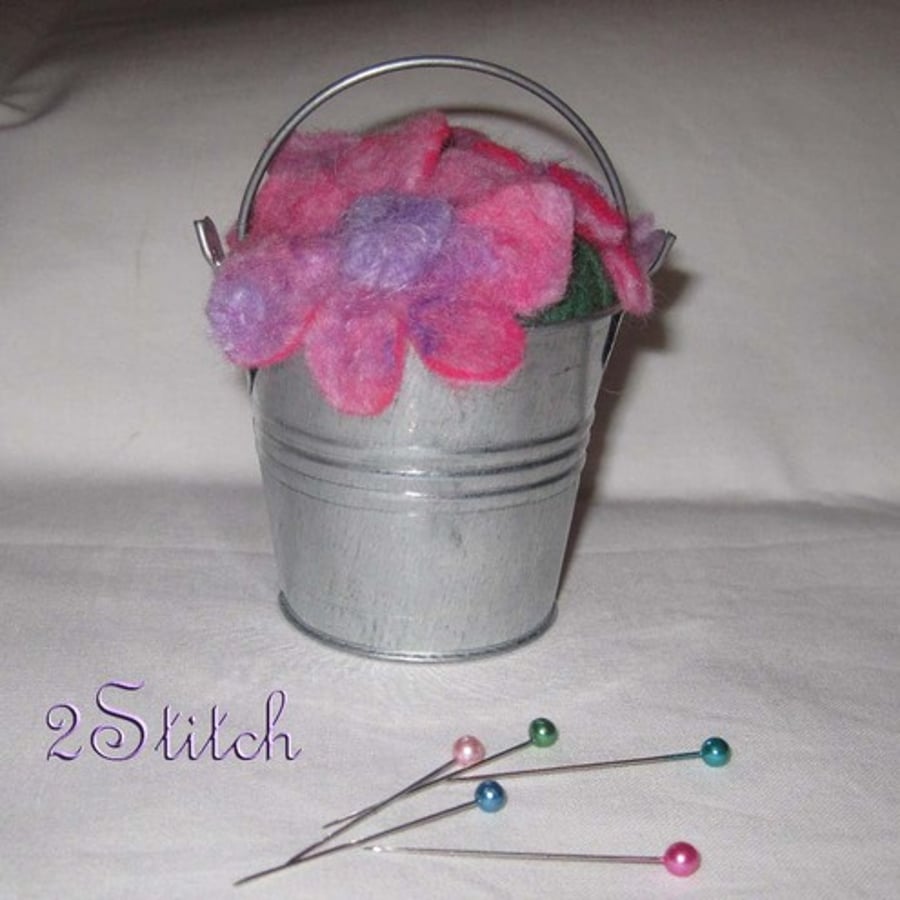Felt Flower Pincushion in a Miniature Bucket