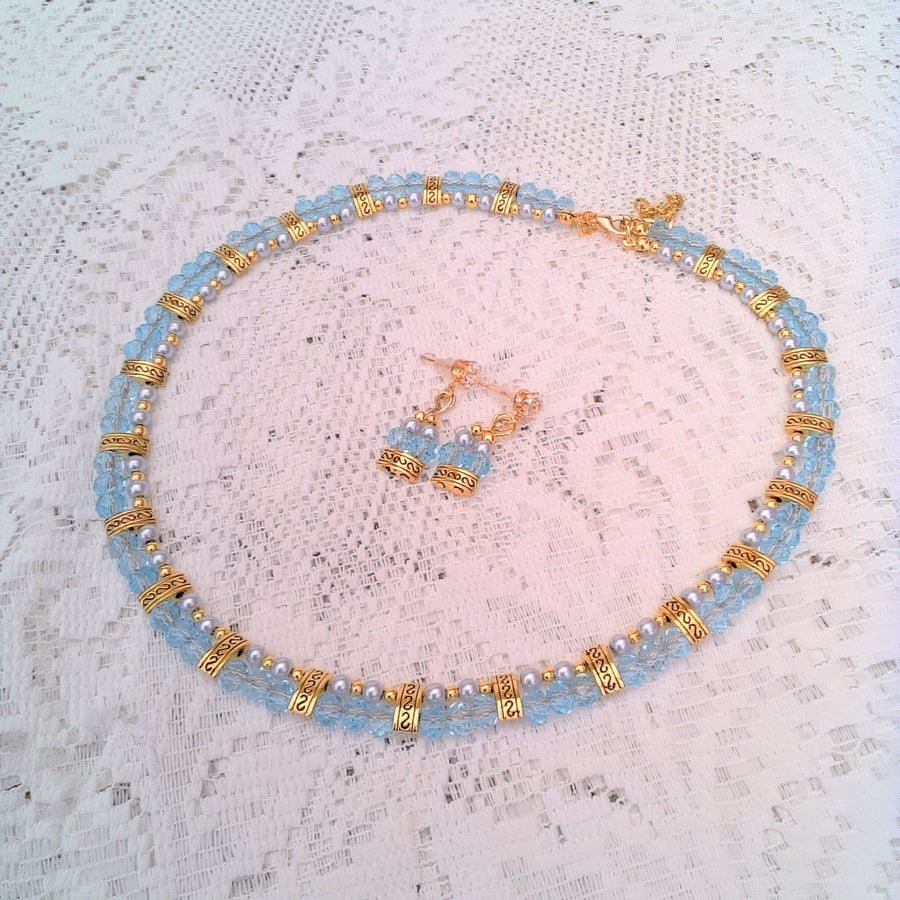 Blue Crystal and Pale Grey Pearl Egyptian Style Collar & Earrings, Gift for Her