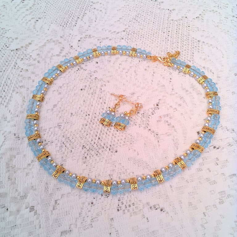 Blue Crystal and Pale Grey Pearl Egyptian Style Collar & Earrings, Gift for Her