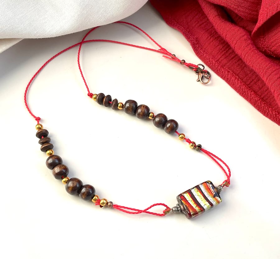 Boho ethnic Wooden bead necklace, funky colourful candy bead pendant