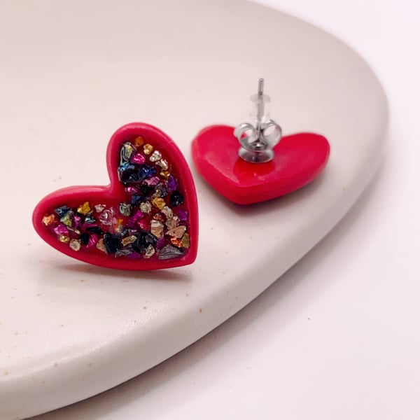 Red heart stud earrings for women, handmade Valentine’s gift for her