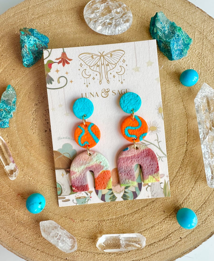 Rainbow Polymer Clay Earrings statement earrings Gold Plated 