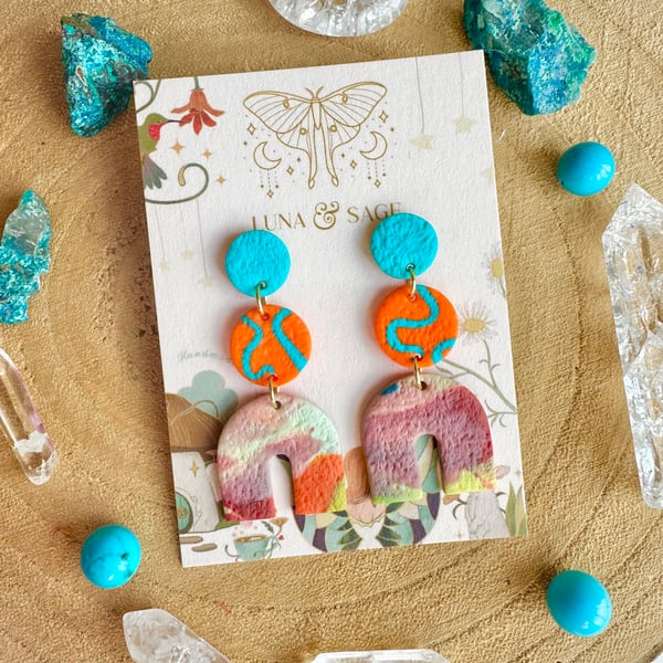 Rainbow Polymer Clay Earrings statement earrings Gold Plated 