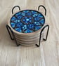 Coaster Set of 5 Blue Mandala Hand Painted Unique With Metal Coaster Holder