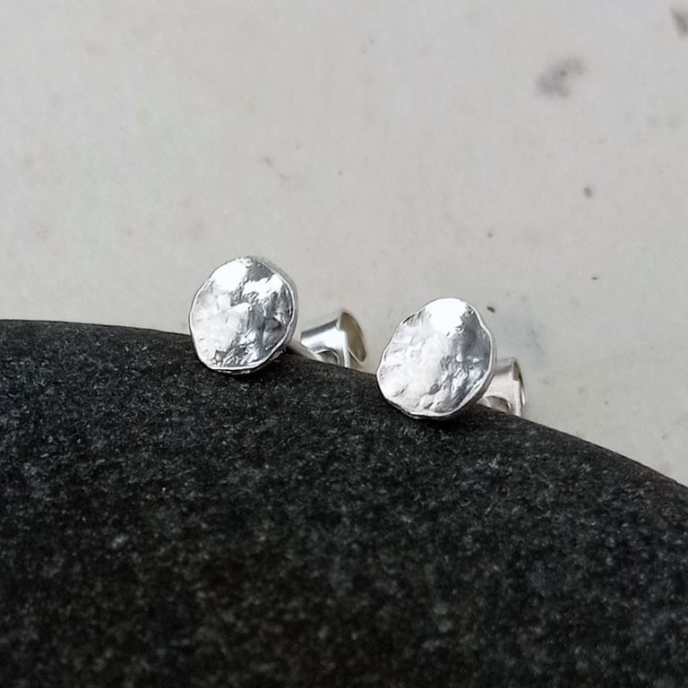 Recycled sterling silver circle earrings – handmade shaped & hammered studs