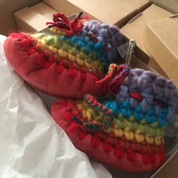 Wool & leather baby boots - Rainbow - sizes 1-3