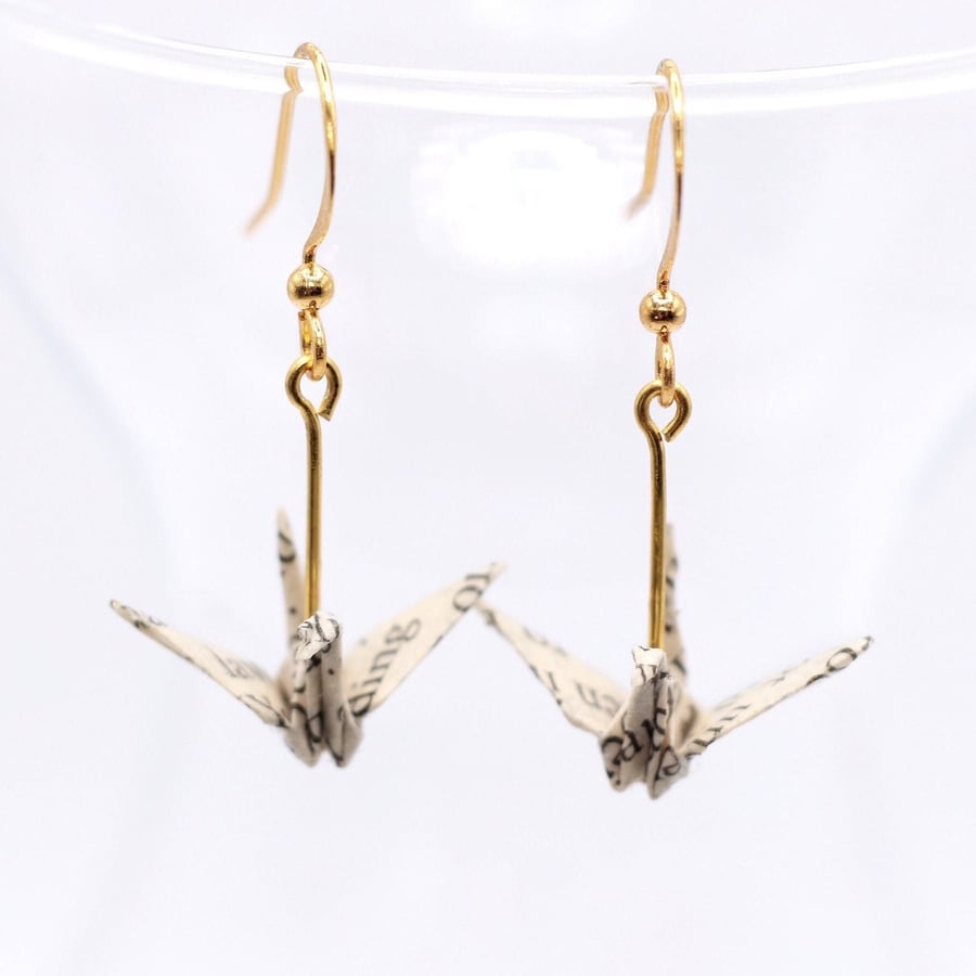 Book Page Origami Crane Earrings. Bookworm gift. First anniversary