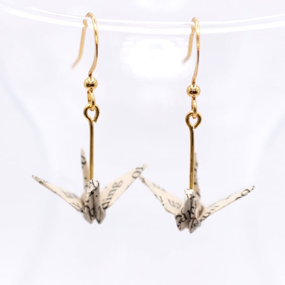 Book Page Origami Crane Earrings. Bookworm gift. First anniversary