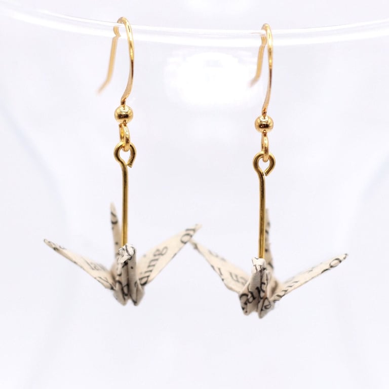 Book Page Origami Crane Earrings. Bookworm gift. First anniversary