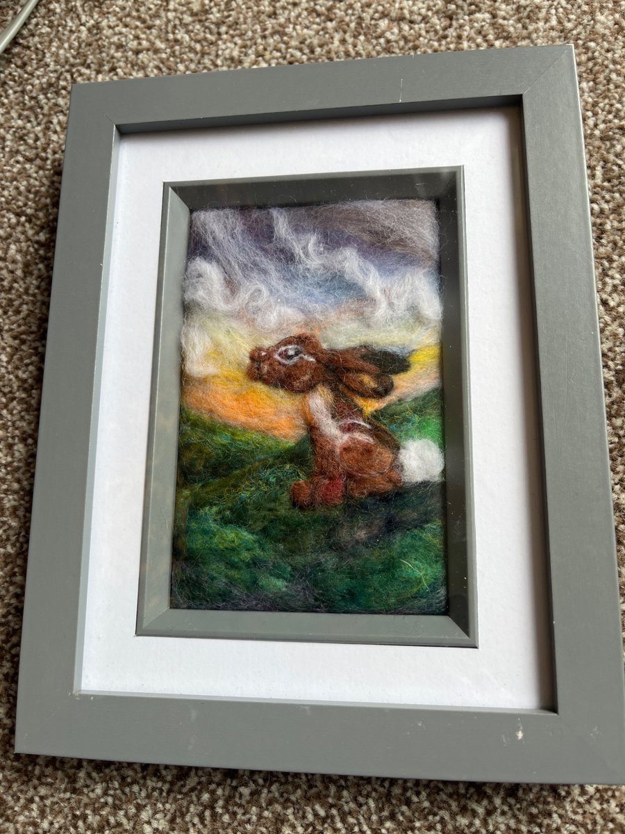 Rabbit or Hare  on a hill sunset   needle felt black frame 