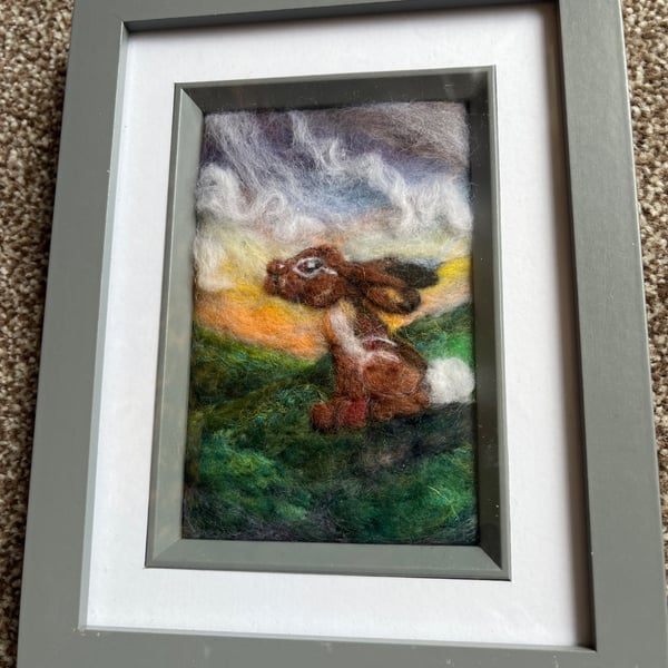 Rabbit or Hare  on a hill sunset   needle felt black frame 