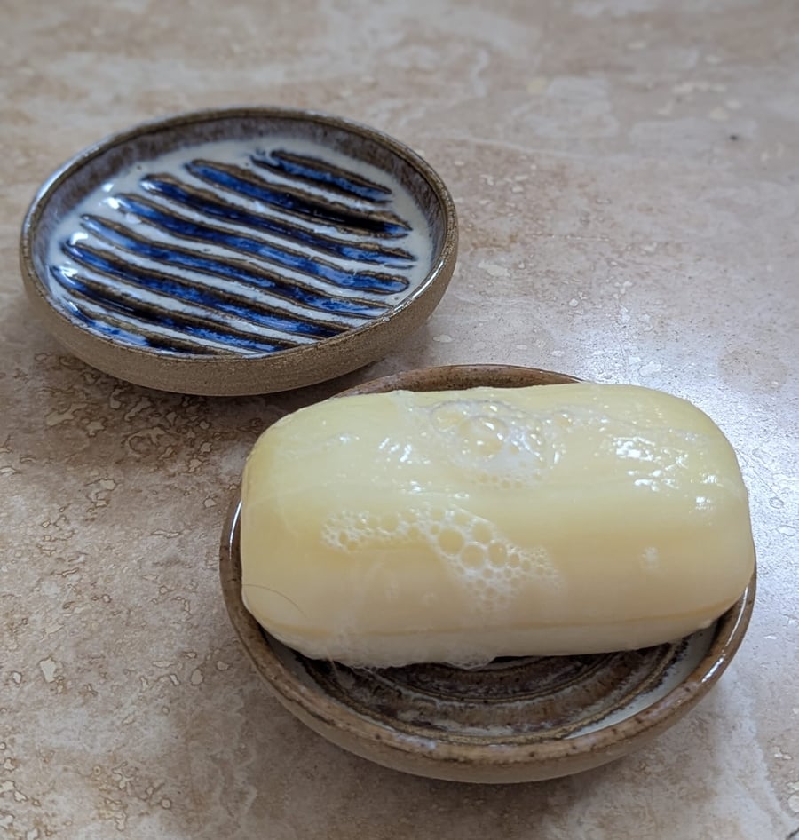 Hand thrown stoneware soap dish with stripes 