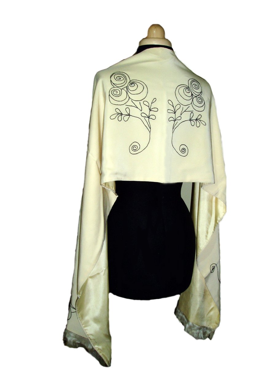 Hand embroidered cream silk handmade black rose wedding shawl